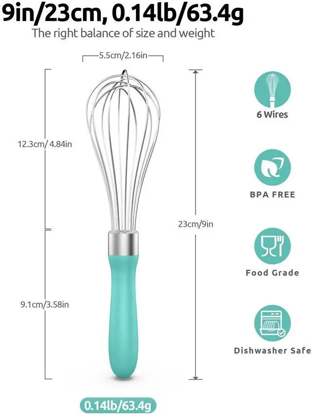Alt view image 2 of 7 - 9" Small Egg Whisk: 18/10 Stainless Steel Kitchen Cooking Wire Balloon Wisk, Heavy Duty Metal Beater Stirrer, Manual Baking Tool with 6 Flex Wires for Hand Mixing, Blending Sauce (Aqua Sky)