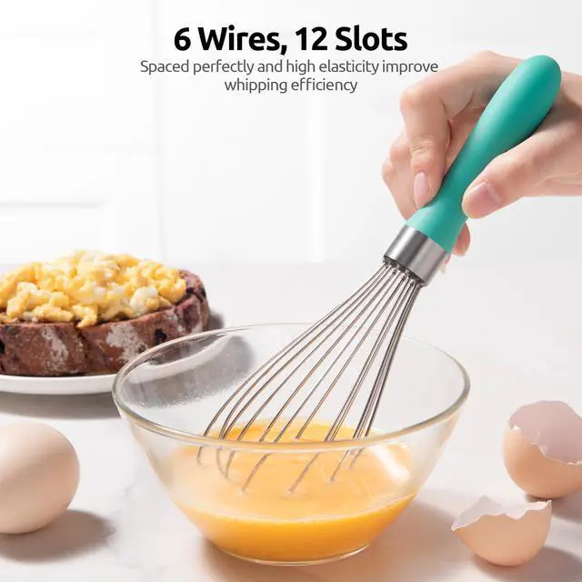 Alt view image 5 of 7 - 9" Small Egg Whisk: 18/10 Stainless Steel Kitchen Cooking Wire Balloon Wisk, Heavy Duty Metal Beater Stirrer, Manual Baking Tool with 6 Flex Wires for Hand Mixing, Blending Sauce (Aqua Sky)