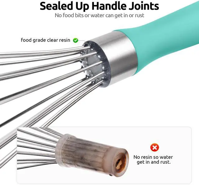 Alt view image 4 of 7 - 9" Small Egg Whisk: 18/10 Stainless Steel Kitchen Cooking Wire Balloon Wisk, Heavy Duty Metal Beater Stirrer, Manual Baking Tool with 6 Flex Wires for Hand Mixing, Blending Sauce (Aqua Sky)