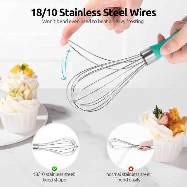 Alt view image 3 of 7 - 9" Small Egg Whisk: 18/10 Stainless Steel Kitchen Cooking Wire Balloon Wisk, Heavy Duty Metal Beater Stirrer, Manual Baking Tool with 6 Flex Wires for Hand Mixing, Blending Sauce (Aqua Sky)