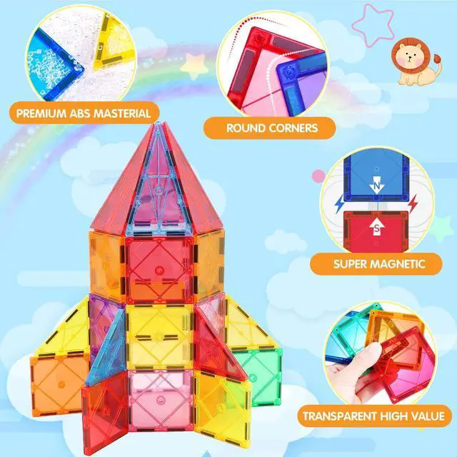 Alt view image 2 of 6 - Magnetic Tiles Building Blocks for 3 4 5 6 7 8+ Years Old Boys Girls | Colorful Magnet Stacking Toys Birthday Gift for Children STEM Preschool Educational Construction Tiles Set