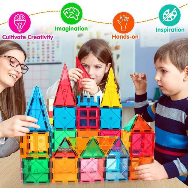 Alt view image 3 of 6 - Magnetic Tiles Building Blocks for 3 4 5 6 7 8+ Years Old Boys Girls | Colorful Magnet Stacking Toys Birthday Gift for Children STEM Preschool Educational Construction Tiles Set
