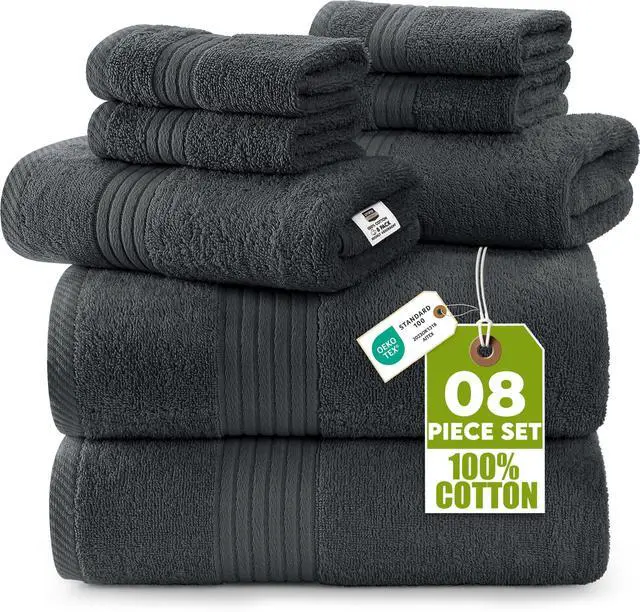 Main image of 8 Piece Premium Towel Set, 2 Bath, 2 Hand, and 4 Washcloths, 100% Ring Spun Cotton, Highly Absorbent Towels for Bathroom, Sports, and Hotel, Grey