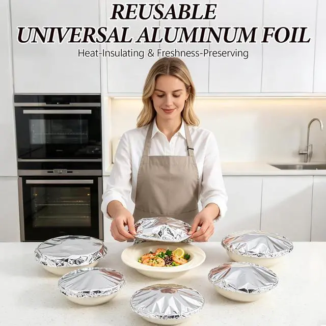 Alt view image 7 of 7 - 50PCS Reusable Aluminum Foil Food Covers, Heat-Insulating, Freshness-Preserving, Freshness-Preserving Kitchen Lids for Meal Prep, Baking, Food Storage