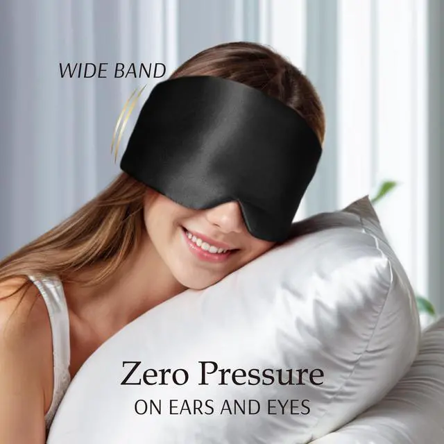 Alt view image 5 of 7 - 100% Mulberry Silk Sleep Mask Eye Mask for Man and Woman with Adjustable Headband, Full Size Large Sleep Mask & Blindfold for Total Blackout for All Night Sleep, Travel & Nap- Black