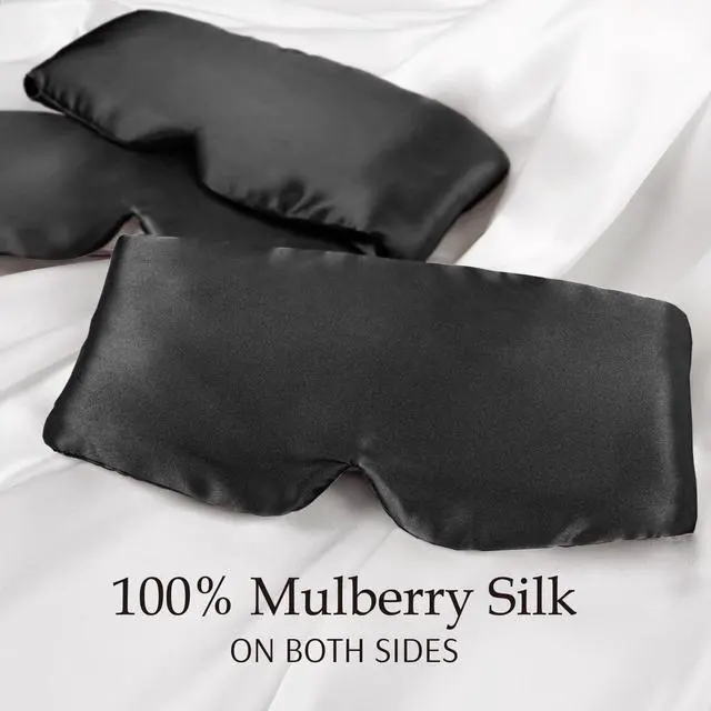 Alt view image 2 of 7 - 100% Mulberry Silk Sleep Mask Eye Mask for Man and Woman with Adjustable Headband, Full Size Large Sleep Mask & Blindfold for Total Blackout for All Night Sleep, Travel & Nap- Black