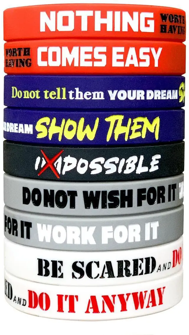 Main image of Pack Motivational Silicone Wristbands for Men, Women, Sport Team, Rubber bracelets 12x8 with Inspirational Quotes, Unisex Design for men, gifts (12)