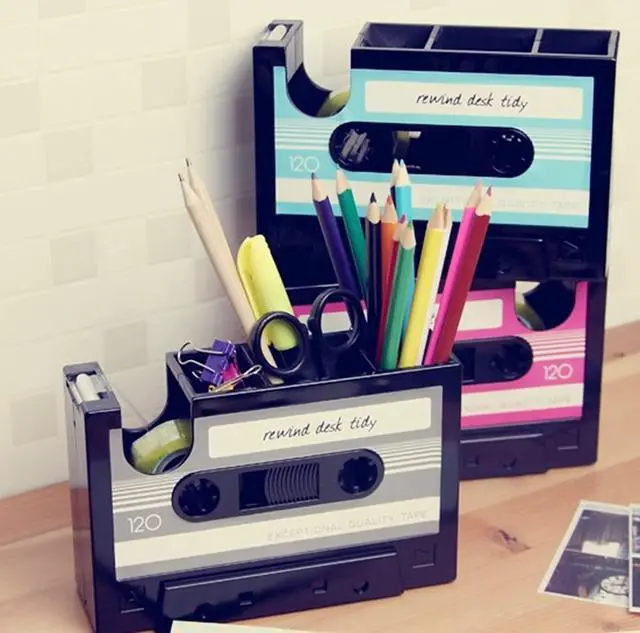 Alt view image 6 of 6 - Cassette Tape Dispenser Pen Holder Vase Pencil Pot Stationery Desk Tidy Container Office Stationery Supplier Gift-onepalace (Black)