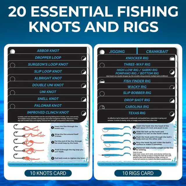 Alt view image 2 of 7 - Fishing Knots Pocket Guide Waterproof Fishing Knot Guide Card with 20 Essential Knots and Rigs 2.5" x 3.5" Durable Quick Reference Perfect Pocket Guide Fishing Gift for Anglers