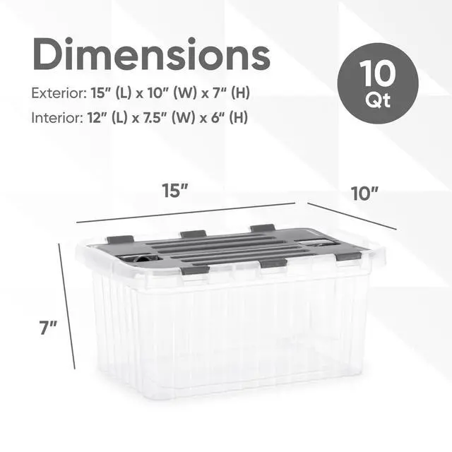 Alt view image 2 of 6 - Storage Box with Hinged Lids, Plastic Container Bins for Organizing with Attached Lid, Stackable Crates, BPA Free, Organizers for Home and Dorm, 10.5 Quart (Clear with Grey Lids, 15"x10"x7")