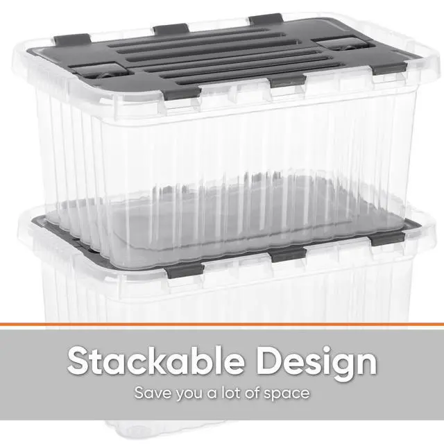 Alt view image 3 of 6 - Storage Box with Hinged Lids, Plastic Container Bins for Organizing with Attached Lid, Stackable Crates, BPA Free, Organizers for Home and Dorm, 10.5 Quart (Clear with Grey Lids, 15"x10"x7")