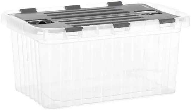 Main image of Storage Box with Hinged Lids, Plastic Container Bins for Organizing with Attached Lid, Stackable Crates, BPA Free, Organizers for Home and Dorm, 10.5 Quart (Clear with Grey Lids, 15"x10"x7")