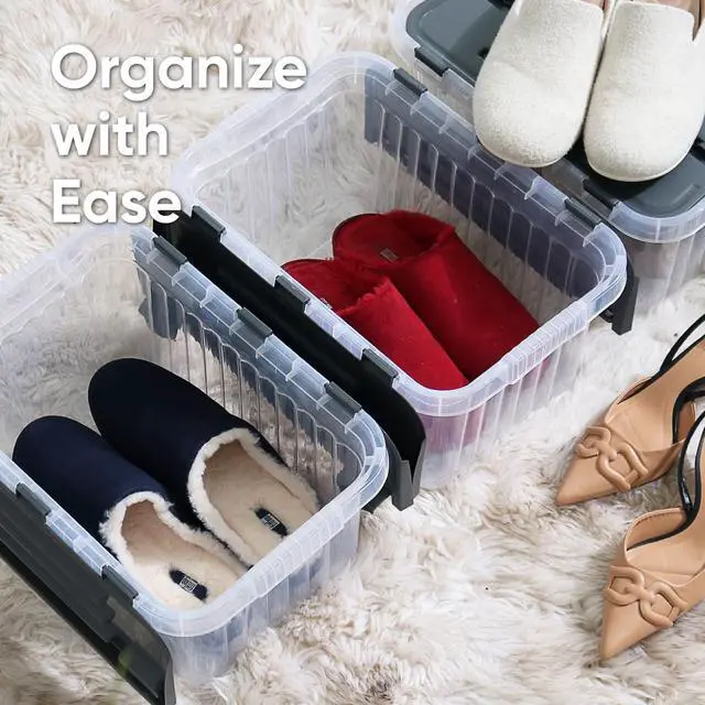 Alt view image 5 of 6 - Storage Box with Hinged Lids, Plastic Container Bins for Organizing with Attached Lid, Stackable Crates, BPA Free, Organizers for Home and Dorm, 10.5 Quart (Clear with Grey Lids, 15"x10"x7")