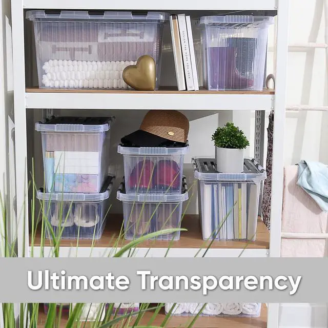 Alt view image 6 of 6 - Storage Box with Hinged Lids, Plastic Container Bins for Organizing with Attached Lid, Stackable Crates, BPA Free, Organizers for Home and Dorm, 10.5 Quart (Clear with Grey Lids, 15"x10"x7")