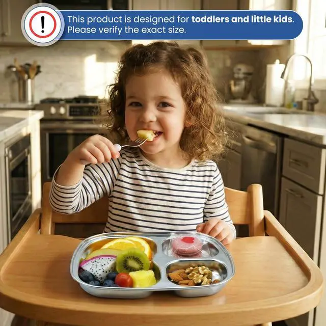 Alt view image 6 of 7 - Korean Stainless Steel Divided Plates for Toddlers, Kids, Babies, Premium 304, Electro-Polished, No Black Residue, BPA-Free, 3-Compartment Plate, Food Tray for Camping, Balanced Meals, Set of 2