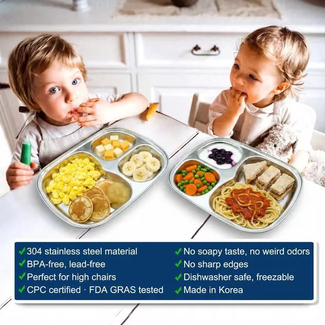 Alt view image 3 of 7 - Korean Stainless Steel Divided Plates for Toddlers, Kids, Babies, Premium 304, Electro-Polished, No Black Residue, BPA-Free, 3-Compartment Plate, Food Tray for Camping, Balanced Meals, Set of 2