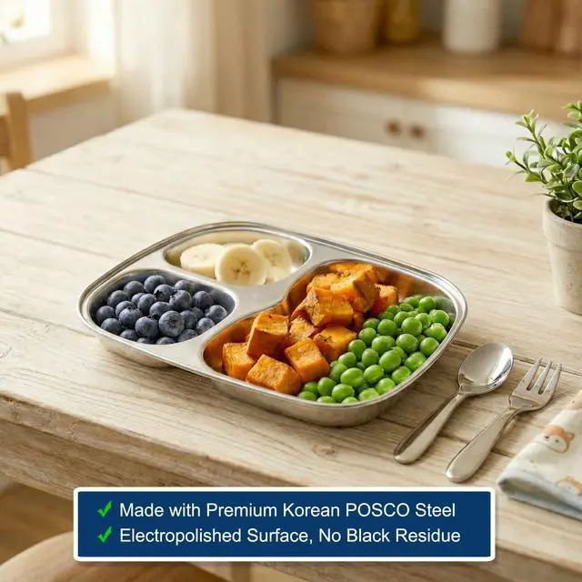 Alt view image 4 of 7 - Korean Stainless Steel Divided Plates for Toddlers, Kids, Babies, Premium 304, Electro-Polished, No Black Residue, BPA-Free, 3-Compartment Plate, Food Tray for Camping, Balanced Meals, Set of 2