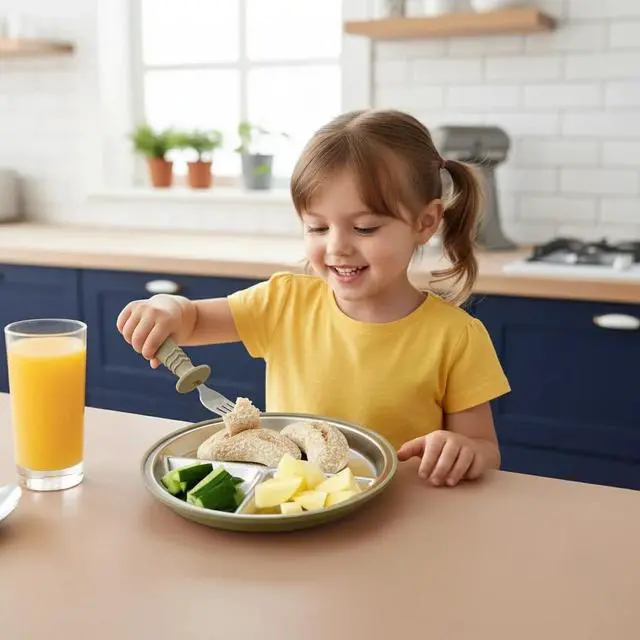 Alt view image 2 of 7 - 8PCS Baby Feeding Set | Stainless Steel Suction Plates and Bowls with Silicone Fork and Spoon Utensils | Baby Led Weaning Tableware for Toddlers & Kids (Tan & Walnut)