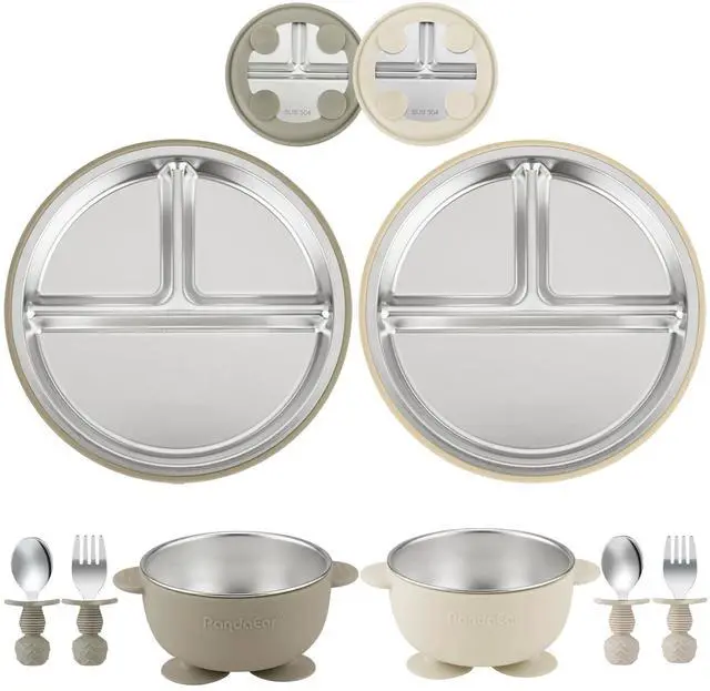 Main image of 8PCS Baby Feeding Set | Stainless Steel Suction Plates and Bowls with Silicone Fork and Spoon Utensils | Baby Led Weaning Tableware for Toddlers & Kids (Tan & Walnut)