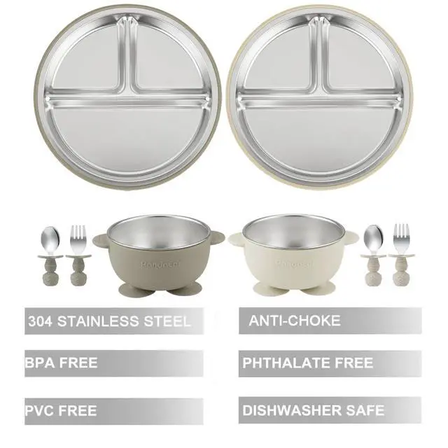Alt view image 3 of 7 - 8PCS Baby Feeding Set | Stainless Steel Suction Plates and Bowls with Silicone Fork and Spoon Utensils | Baby Led Weaning Tableware for Toddlers & Kids (Tan & Walnut)