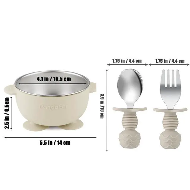 Alt view image 6 of 7 - 8PCS Baby Feeding Set | Stainless Steel Suction Plates and Bowls with Silicone Fork and Spoon Utensils | Baby Led Weaning Tableware for Toddlers & Kids (Tan & Walnut)