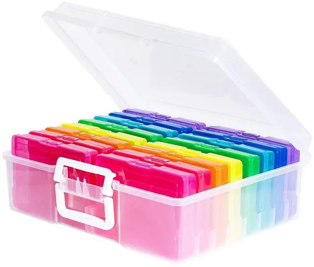 Main image of Transparent 4" x 6" Photo Cases and Clear Craft Keeper with Handle, 16 Inner Photo Organizers & Photo Storage Box, Plastic Photo Storage Containers (Multi-colored)
