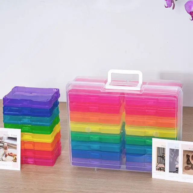 Alt view image 3 of 7 - Transparent 4" x 6" Photo Cases and Clear Craft Keeper with Handle, 16 Inner Photo Organizers & Photo Storage Box, Plastic Photo Storage Containers (Multi-colored)