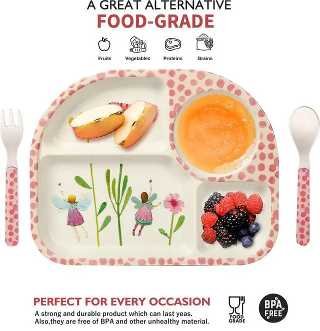 Alt view image 3 of 7 - 7Pcs/Set Bamboo Kids Dinnerware Set - Children Dishes - Food Plate Bowl Cup Spoon Fork Set Dishware, Cartoon Tableware, Dishwasher Safe Kids Healthy Mealtime, BPA Free