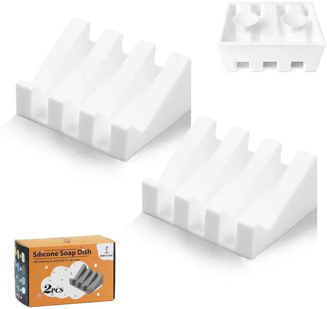Main image of Self Draining Silicone Soap Dish with Suction Cups - Non-Slip Bar Soap Holder for Shower & Kitchen, Waterfall Tray Keeps Soap Dry, Easy Clean, Extends Soap Life (White, 2)