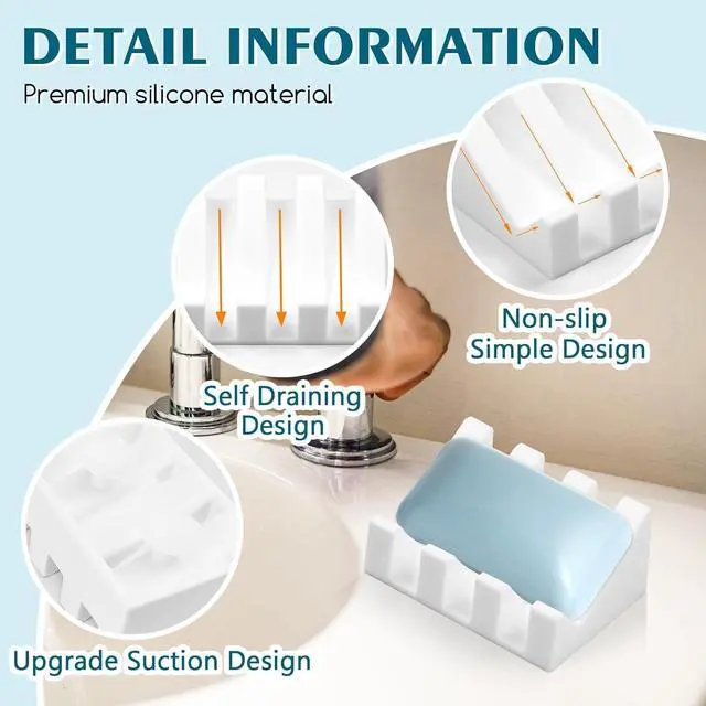 Alt view image 2 of 6 - Self Draining Silicone Soap Dish with Suction Cups - Non-Slip Bar Soap Holder for Shower & Kitchen, Waterfall Tray Keeps Soap Dry, Easy Clean, Extends Soap Life (White, 2)