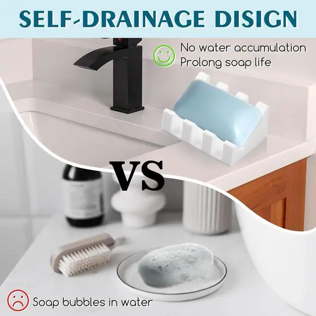 Alt view image 4 of 6 - Self Draining Silicone Soap Dish with Suction Cups - Non-Slip Bar Soap Holder for Shower & Kitchen, Waterfall Tray Keeps Soap Dry, Easy Clean, Extends Soap Life (White, 2)