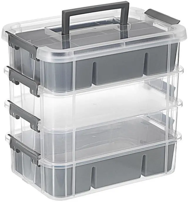 Main image of 4-Tiers Stack Carry Storage Box With 2 Divided Tray, Transparent Stackable Storage Bin With Handle Lid Latching Storage Container for School & Office Supplies, Gray