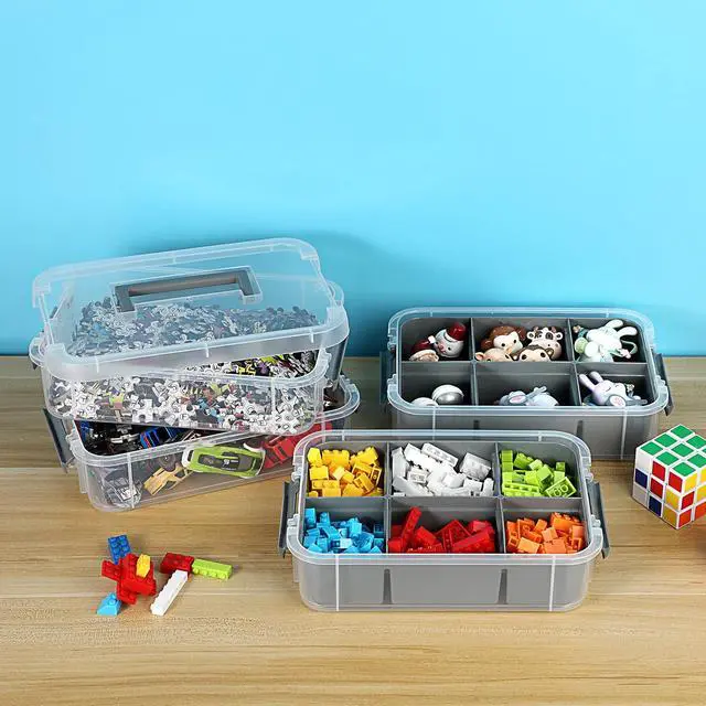Alt view image 5 of 7 - 4-Tiers Stack Carry Storage Box With 2 Divided Tray, Transparent Stackable Storage Bin With Handle Lid Latching Storage Container for School & Office Supplies, Gray