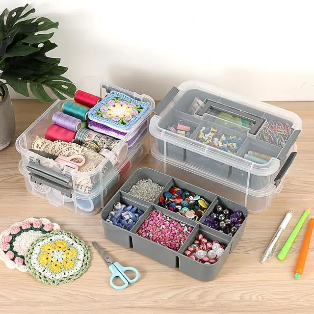 Alt view image 6 of 7 - 4-Tiers Stack Carry Storage Box With 2 Divided Tray, Transparent Stackable Storage Bin With Handle Lid Latching Storage Container for School & Office Supplies, Gray