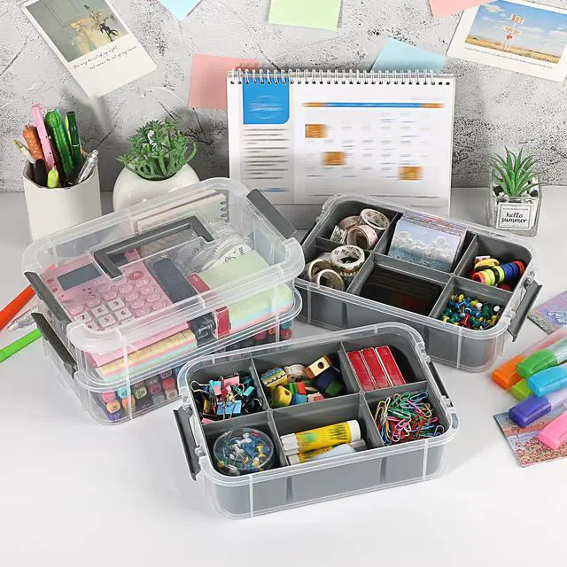 Alt view image 3 of 7 - 4-Tiers Stack Carry Storage Box With 2 Divided Tray, Transparent Stackable Storage Bin With Handle Lid Latching Storage Container for School & Office Supplies, Gray