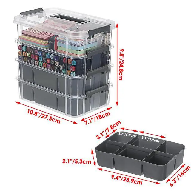 Alt view image 4 of 7 - 4-Tiers Stack Carry Storage Box With 2 Divided Tray, Transparent Stackable Storage Bin With Handle Lid Latching Storage Container for School & Office Supplies, Gray