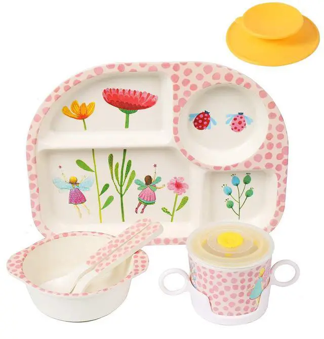 Main image of 7Pcs/Set Bamboo Kids Dinnerware Set - Children Dishes - Food Plate Bowl Cup Spoon Fork Set Dishware, Cartoon Tableware, Dishwasher Safe Kids Healthy Mealtime, BPA Free