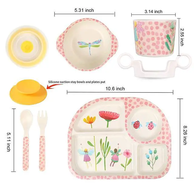 Alt view image 2 of 7 - 7Pcs/Set Bamboo Kids Dinnerware Set - Children Dishes - Food Plate Bowl Cup Spoon Fork Set Dishware, Cartoon Tableware, Dishwasher Safe Kids Healthy Mealtime, BPA Free
