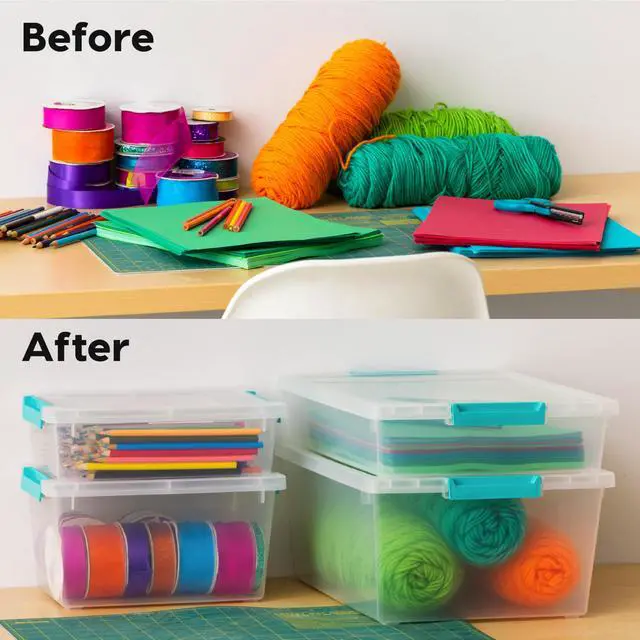 Alt view image 2 of 3 - 6 Qt. Craft Storage Bins with Lids, 4-Pack, |Made in USA|, Clip Box, Small Plastic Sensory Bin Tote Organizer Containers for Art Supplies, Paper, & Office, Stackable - Clear/Seafoam Blue