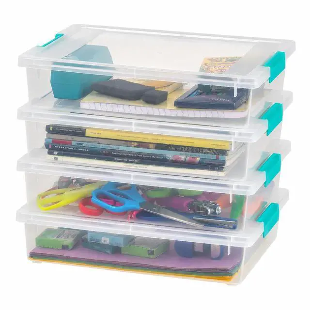 Main image of 6 Qt. Craft Storage Bins with Lids, 4-Pack, |Made in USA|, Clip Box, Small Plastic Sensory Bin Tote Organizer Containers for Art Supplies, Paper, & Office, Stackable - Clear/Seafoam Blue
