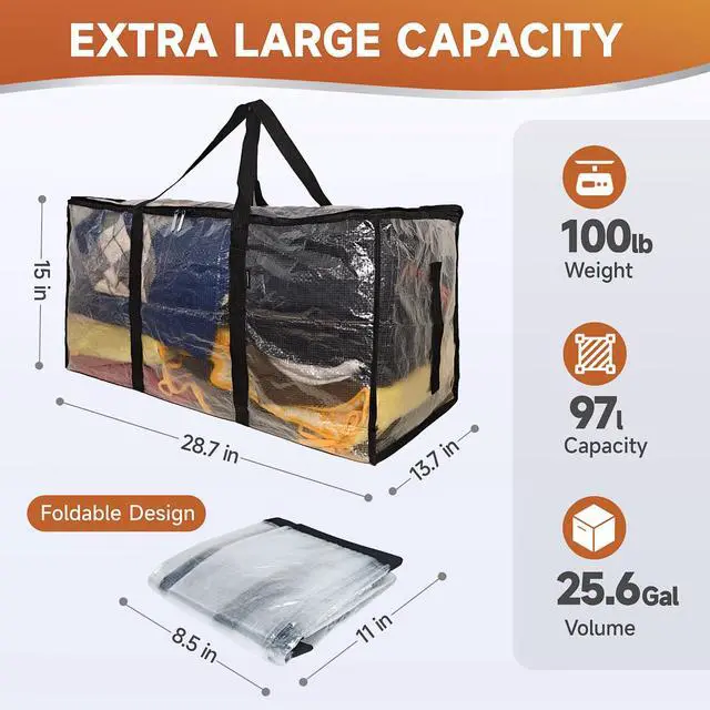 Alt view image 2 of 6 - 8 Pack Heavy Duty Semi-Transparent Extra Large Moving Bags, 97L/25.6Gal PP Totes w/Reinforced Handles & Metal Zippers, 28.7"x13.7"x15" Foldable Moving Boxes For Home Dorm Storage