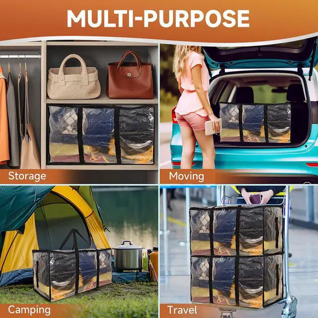 Alt view image 6 of 6 - 8 Pack Heavy Duty Semi-Transparent Extra Large Moving Bags, 97L/25.6Gal PP Totes w/Reinforced Handles & Metal Zippers, 28.7"x13.7"x15" Foldable Moving Boxes For Home Dorm Storage