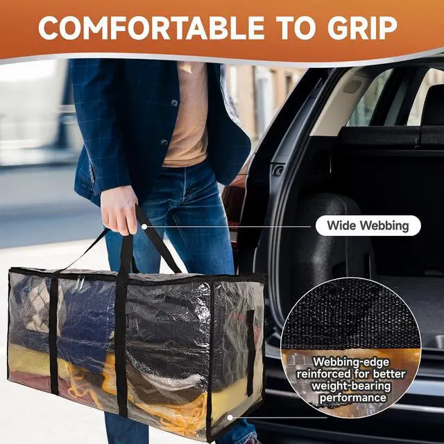 Alt view image 5 of 6 - 8 Pack Heavy Duty Semi-Transparent Extra Large Moving Bags, 97L/25.6Gal PP Totes w/Reinforced Handles & Metal Zippers, 28.7"x13.7"x15" Foldable Moving Boxes For Home Dorm Storage