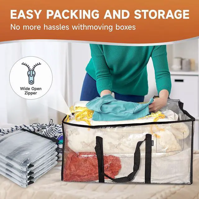 Alt view image 4 of 6 - 8 Pack Heavy Duty Semi-Transparent Extra Large Moving Bags, 97L/25.6Gal PP Totes w/Reinforced Handles & Metal Zippers, 28.7"x13.7"x15" Foldable Moving Boxes For Home Dorm Storage