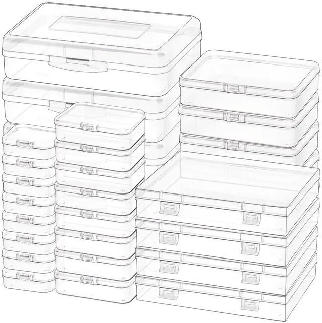 Main image of 28 Pack Mixed Sizes Rectangular Mini Plastic Containers Clear Plastic Storage Boxes with Hinged Lids and Labels Empty Beads Organizers for Small Items Art Craft Jewelry Projects