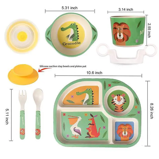 Alt view image 2 of 7 - 7Pcs/Set Bamboo Kids Dinnerware Set - Children Dishes - Food Plate Bowl Cup Spoon Fork Set Dishware, Cartoon Tableware, Dishwasher Safe Kids Healthy Mealtime, BPA Free
