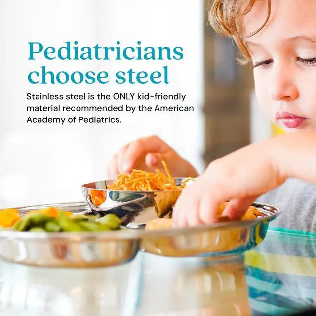 Alt view image 3 of 7 - Stainless Steel Kids Plate, Pediatrician Designed Divided Toddler & Baby Plates, Non Toxic, Unbreakable & Dishwasher Safe, Polished