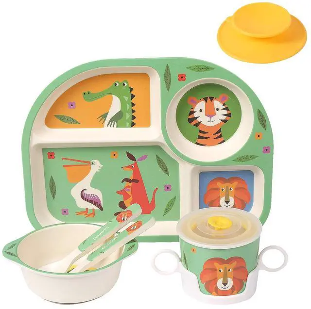 Main image of 7Pcs/Set Bamboo Kids Dinnerware Set - Children Dishes - Food Plate Bowl Cup Spoon Fork Set Dishware, Cartoon Tableware, Dishwasher Safe Kids Healthy Mealtime, BPA Free
