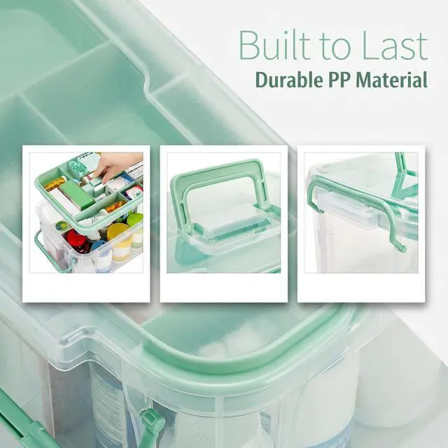 Alt view image 3 of 7 - 15QT Clear Medicine Organizer Box with Handle, Plastic Medicine Container with Detachable Tray, Portable First Aid Bin Empty, Multipurpose Medical Storage Case for Home, Craft Supplies, Green