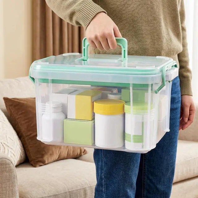 Alt view image 5 of 7 - 15QT Clear Medicine Organizer Box with Handle, Plastic Medicine Container with Detachable Tray, Portable First Aid Bin Empty, Multipurpose Medical Storage Case for Home, Craft Supplies, Green